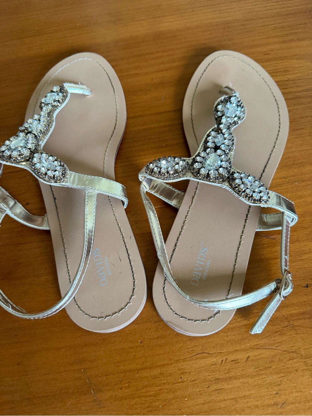David's Bridal Gold Jeweled T-Strap Sandals with Crystal Accents - Picture 3 of 5